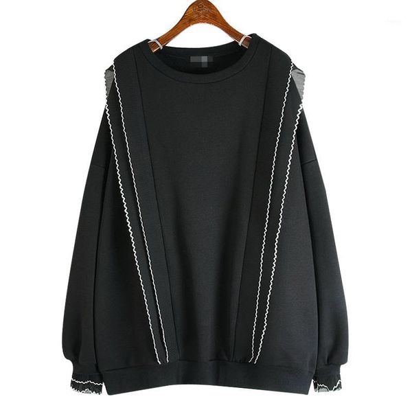 

spring 2021 new pleated yarn wave edge decoration loose pullover o neck full sweatshirt women d1041, Black
