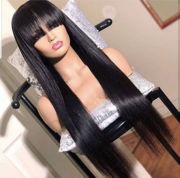 

100% human hair wig with bangs for black women brazilian straight black 30 inch long, Black;brown
