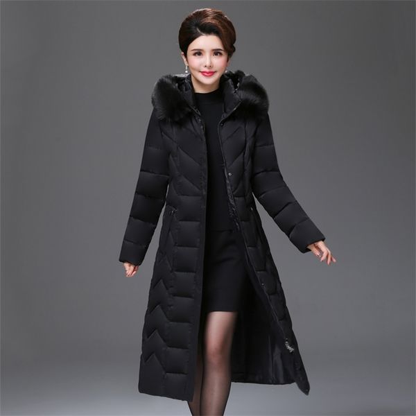 

x-long winter casual jacket women office ladies parka mujer plus size solid hooded with fur collar slim women's thick coat 201217, Black