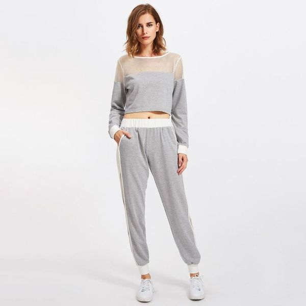 

women's hoodies & sweatshirts 2021 autumn 2 pcs women set mesh patch hollow out cropped harajuku + sweatshirtpants1, Black