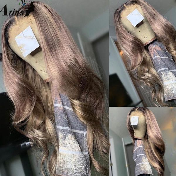 

lace wigs pre plucked wavy part human hair wig brazilian remy ombre highlight colored glueless with bay atina closure 250, Black;brown