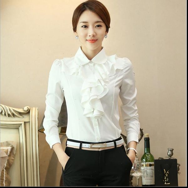 

new women chiffon blouse long sleeve shirt female professional lace ol chiffon drop shipping, White