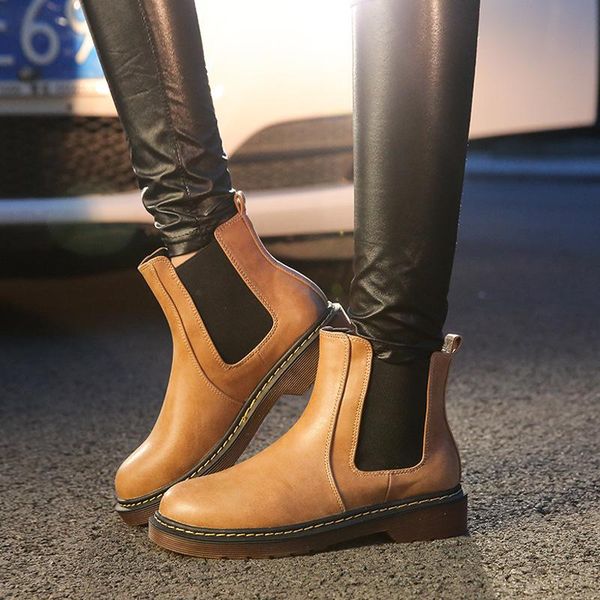 

boots ankle english style casual brush color round head pu flat bottom thick-heeled for quick drying lightweight, Black