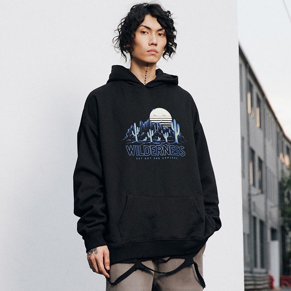 

desert hill men's hooded printed hip hop attire high street printing oversize hoodie, Black