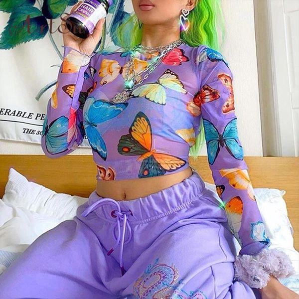 

2020 summer clothes butterfly printed mesh sheer t shirt women cute print tshirt ladies long sleeve crop tee shirts, White