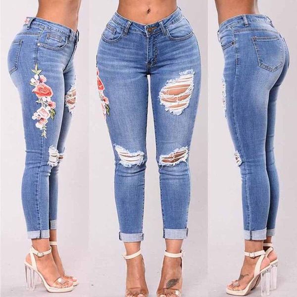 

women's 2021 new fashion chic casual flowers printing holes pockets high-waisted slimming thin cuffs jeans long pencil trousers, Blue