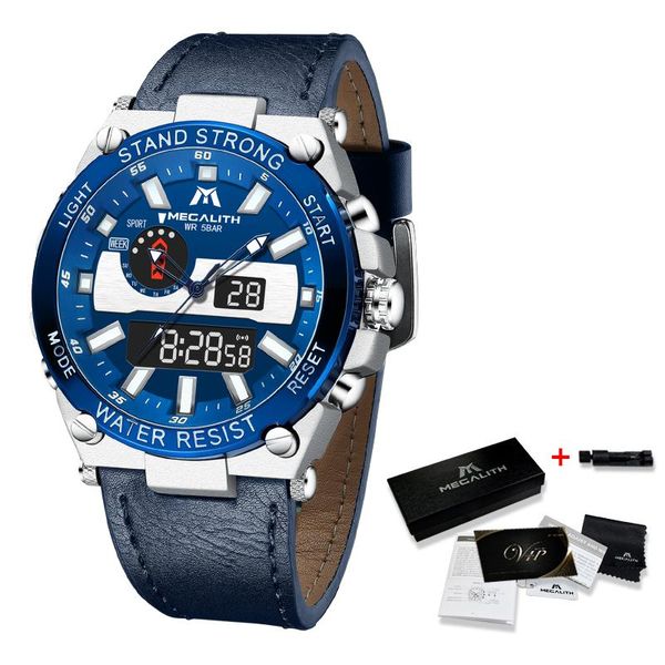 

megalith мужчины спортивные военные часы мужчины светящиеся водонепроницаемый двойной дисплей кварцевые часы 2020 новый кожаный ремешок мног, Silver