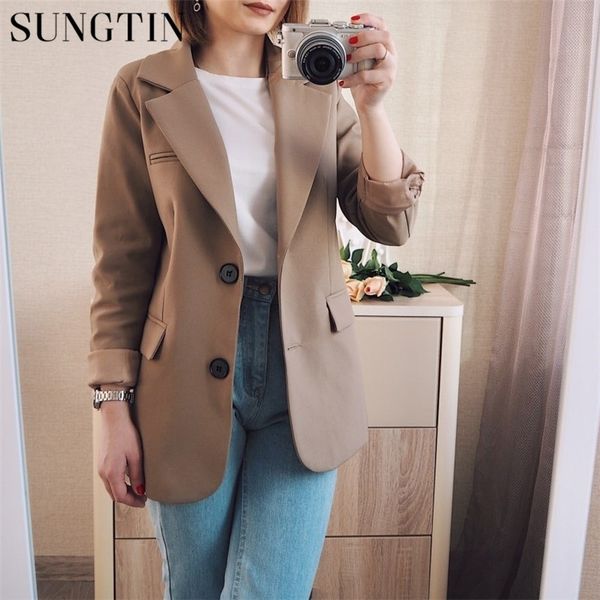 Sungtin New Spring Women Blazer Jacket Casual Khaki Work Suit Coat Office Lady Fashion Tasche manica lunga Slim Blazer Donna 201023