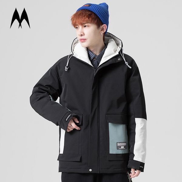 

patchwork white duck men winter down coats mens thick warm hooded jacket streetwear multi pocket outerwear kg-854, Black