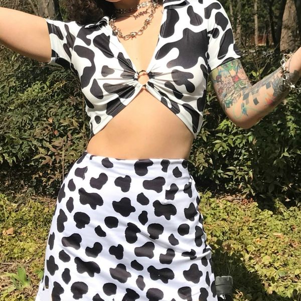 

dairy cow print two piece set 2 piece set women two piece outfits crop and skirt set streetwear bodycon matching sets lj201120, White