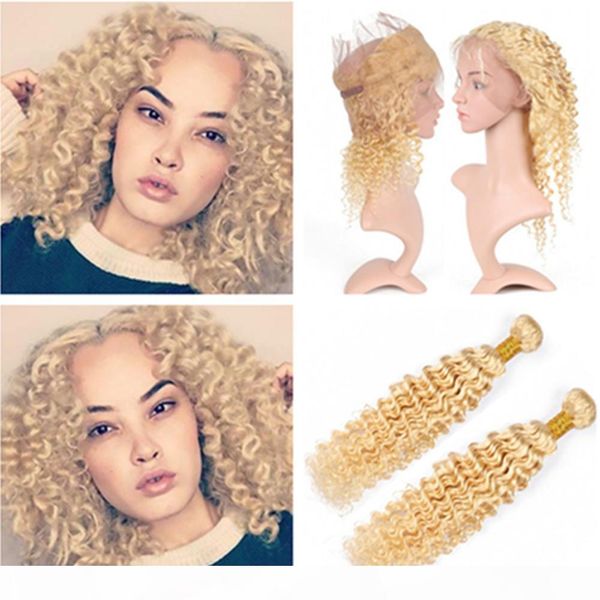 

#613 blonde deep wave 360 lace frontal closure with 2bundles peruvian blonde deep wavy human hair weave wefts with 360 frontal 22.5x4x2, Black;brown