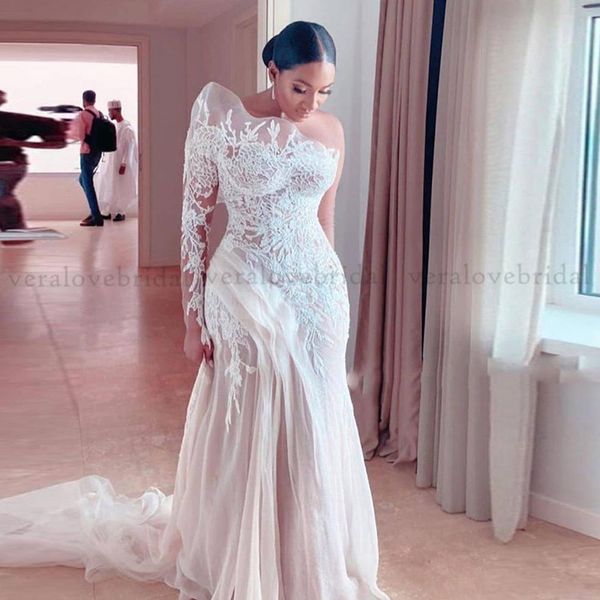 

one shoulder mermaid wedding dress long sleeves lace saudi arabia illusion bridal gowns sweep train robe de mariee, White