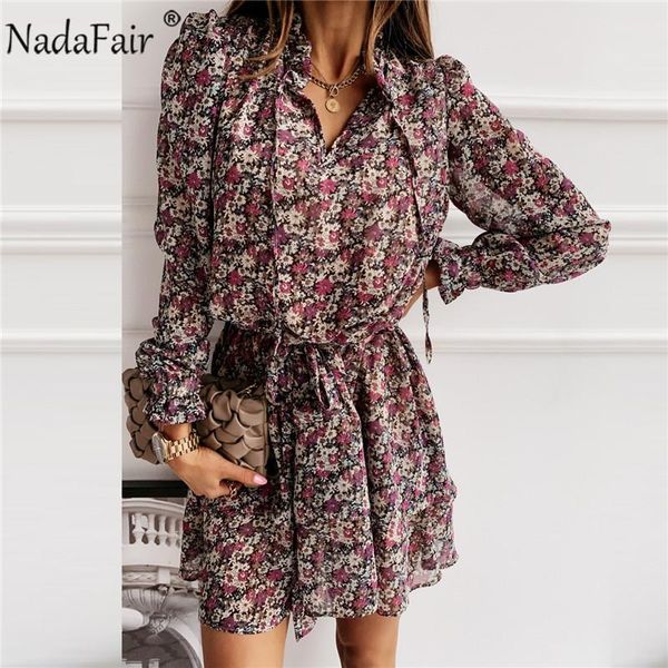 

nadafair pleated floral women dress a-line sash v neck long sleeve tunic print shirt dress 2021 vintage boho beach mini, Black;gray