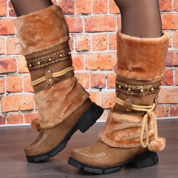 

boots women mid-calf mid heels winter snow warm shoes woman vintage booties shoe chaussures femme zapatos mujer sapato nh2651, Black