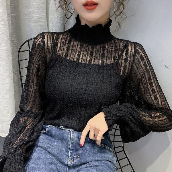 

fashion 2021 new flower embroidered mesh blouse transparent shirts stretcher women's blouses fold puff 4jmv, White