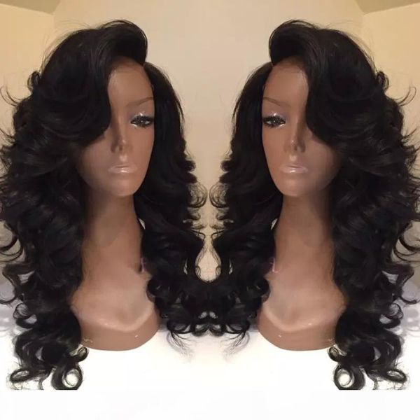 

celebrity style synthetic wigs loose body wave hair wig natural black 1b color with side bangs pelucas black women full wigs