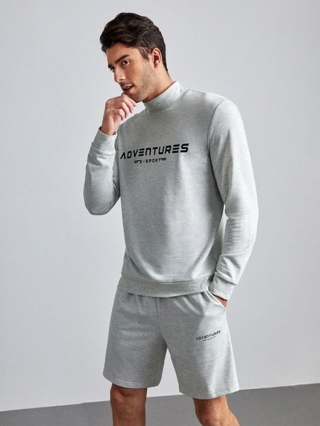 

men mock neck letter pattern pullover & shorts b0db#, Gray