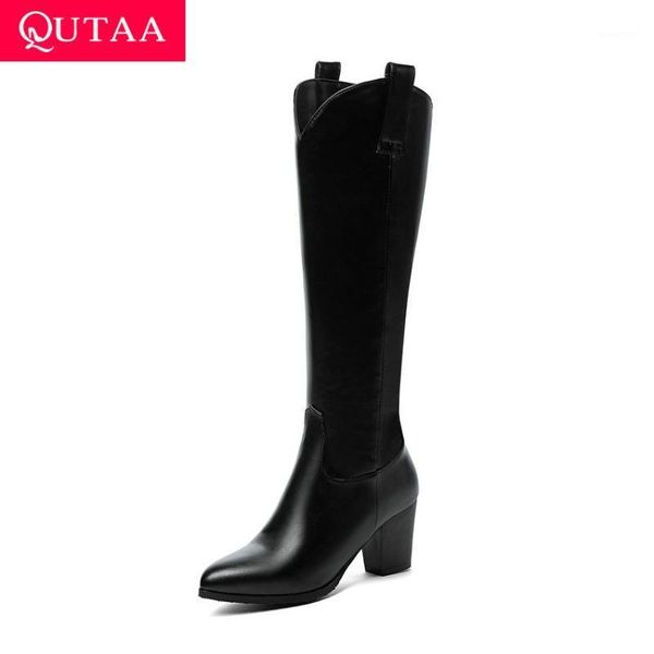 

boots qutaa 2021 pointed toe zipper ladies pumps square high heel concise women shoes pu leather fashion knee size 34-431, Black