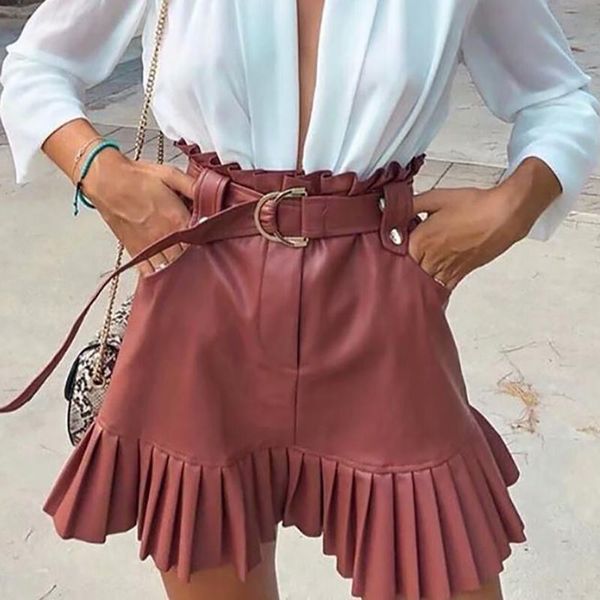 

women black pu leather skirt with belt fashion streetwear ruffles pleated mini skirts a-line party club short skirt