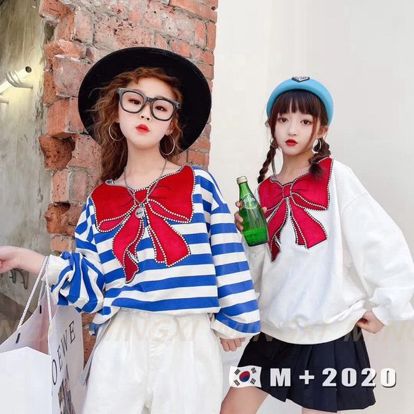 

children's clothing 2021 spring new big children girls bow pullovers cute wholesale foreign little girls, Blue