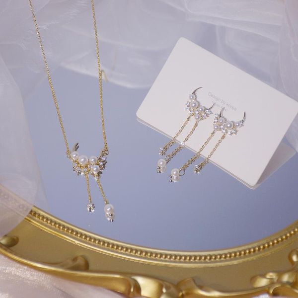 

japanese&korea fashion jewelry crystal star stud earrings for women gift elegant long pearl earrings&necklaces jewelry set, Silver