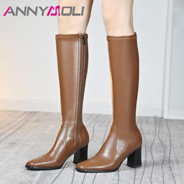 

annymoli real leather high heel stretch boots knee high boots women shoes square toe chunky heel zip lady long brown gray1, Black