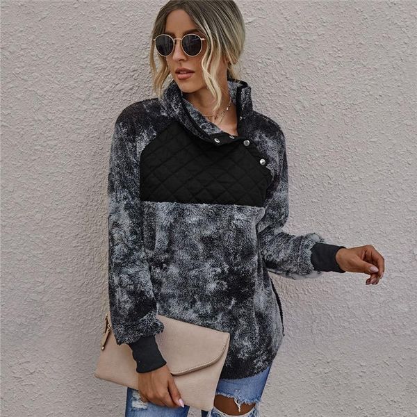 

ladies winter tie-dye lapel sweater turtleneck fluffy pullover chic streetwear patch teddy sweater, White;black
