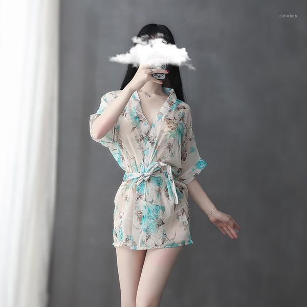 

2020 new japanese chiffon kimono floral robes fashion transparent chiffon floral printed nightdress bathrobe nightgown1, Red