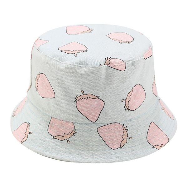 

women summer strawberry print bucket hat reversible double sided fisherman cap, Blue;gray