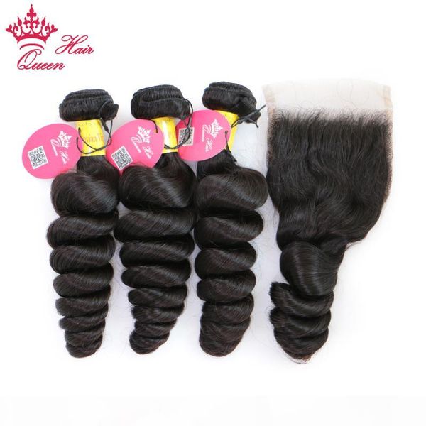 

queen hair peruvian loose wave virgin human hair bundle with closure natural color #1b 3 bundles with lace closure 4pcs lot, Black