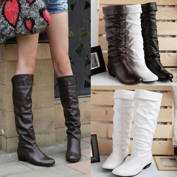 

women leahter knee high boots fashion folding slip on winter high boots casual low heels white black long slim ladies 20201