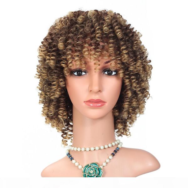 

afro kinky curly synthetic wigs for african american women medium length black colo high temperature fiber cosplay hair