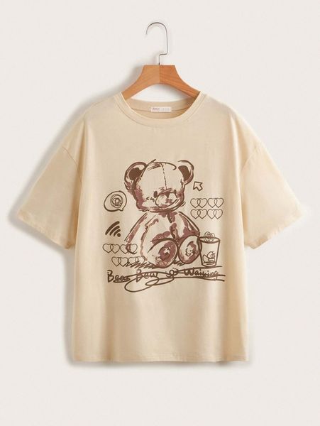 

plus bear and letter graphic drop shoulder tee p4ph#, Black