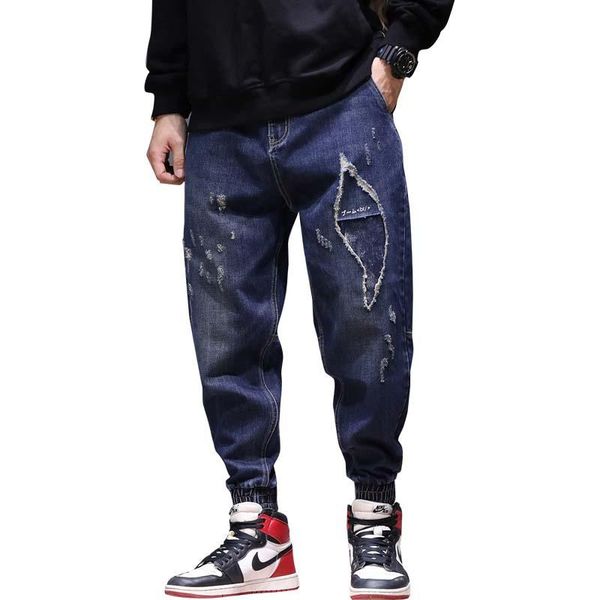 

men's jeans mens fashion joggers ripped japan style hip hop harem distressed cowboy denim pants loose baggy trousers man clothes, Blue