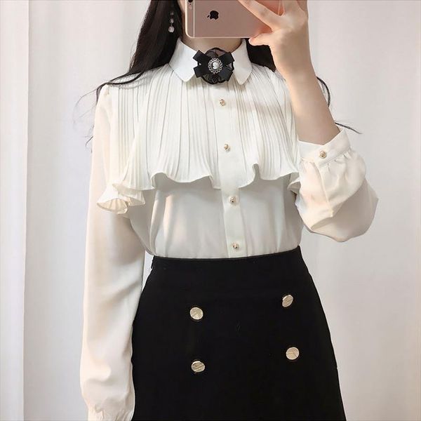 

2020 new ruffles chiffon blouse fashion long sleeve women clothing chiffon shirt elegant female, White