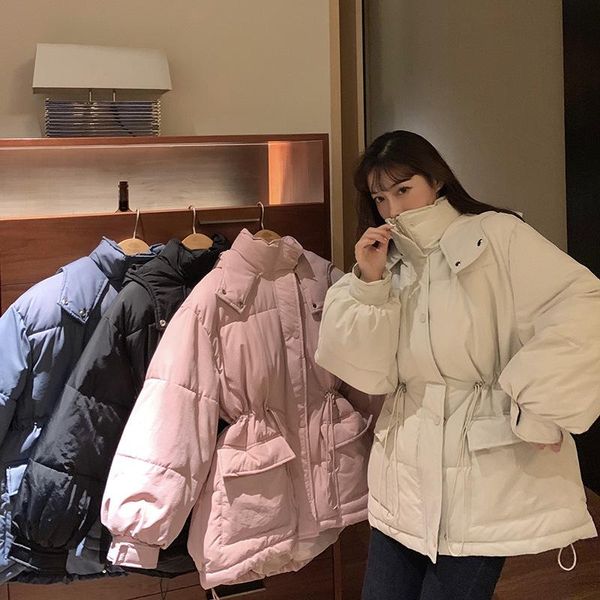 

winter 2020 new women's fashion korean casual versatile waist close loose high collar hooded thickened cotton coat, Black