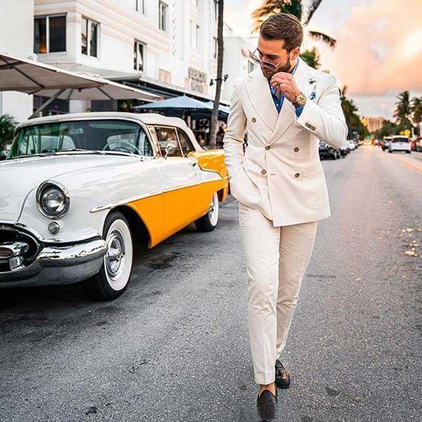 

beige beach wedding men suits 2020 slim fit groom wear tuxedos peaked lapel double breasted 2 pieces jacket pants prom suits men1, White;black