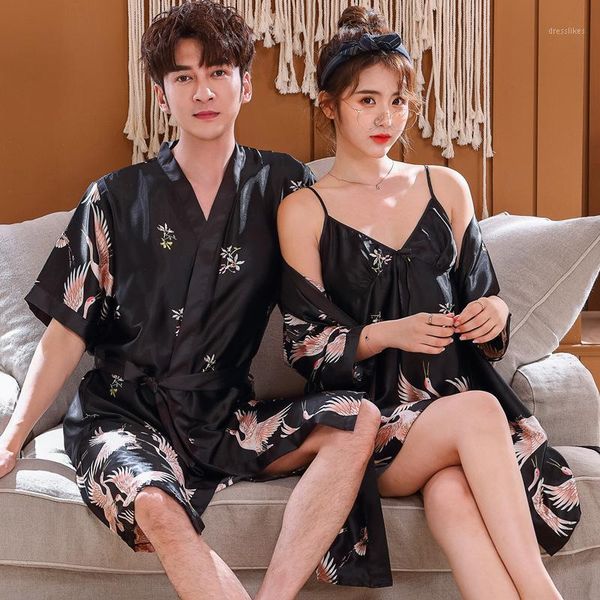 

women's sleepwear lovers satin print pattern robe set women twinset bathrobe night gown nightwear casual soft nighty&robe homewear1, Black;red