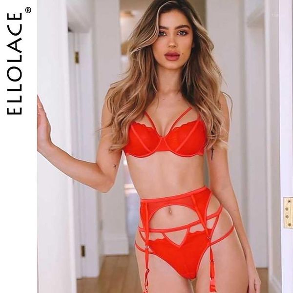 

ellolace lace bra set underwear set women lingerie 3 piece bralette and thong bandage red fashion 2020 new brassiere sets1, Red;black