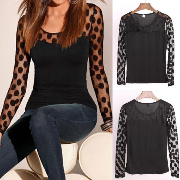 

2018 new casual women t-shirts long sleeve dot printed mesh net see through lace tee shirts pure black summer outwear, White
