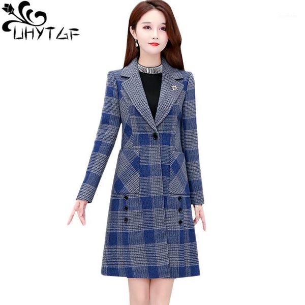 

uhytgf genuine autumn winter wool coat women fashion plaid quality female outerwear mid-length casual 4xl plus size jacket 13341, Black