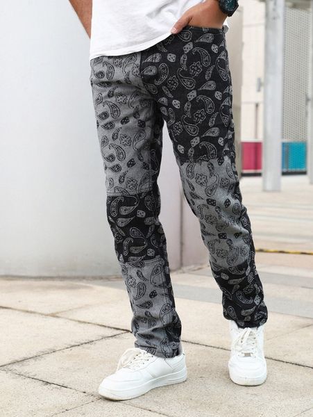 

men colorblock paisley print straight leg jeans d1gj#, Blue
