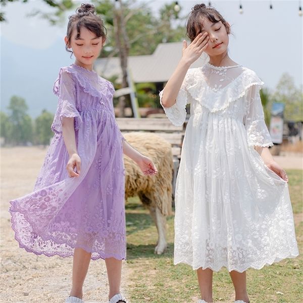 

korean girls dress princess party wedding lace embroidery long dress elegant white purple maxi dresses for teen girl children t200709, Red;yellow