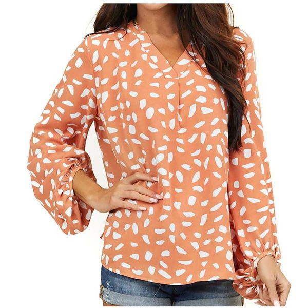 

women casual shirts autumn long sleeve blouses fashion v-neck printed lantern sleeve loose shirt ladies nv6, White