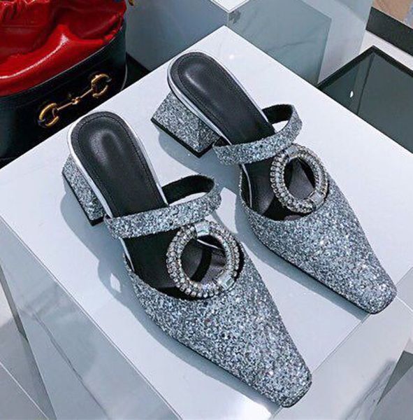 

2020 new leather baotou shallow mouth, thick heels, high heels, ring buckle slippers, ladies' sandals, Black