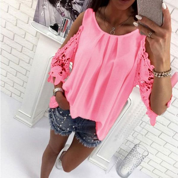 

summer chiffon blouse hollow out patchwork women casual ruffles petal 3/4 sleeve loose o-neck off shoulder solid 1, White