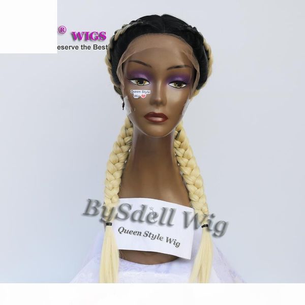 

queen style wig synthetic twin braids hair lace front wigs unique african american wig black root ombre blonde color wigs