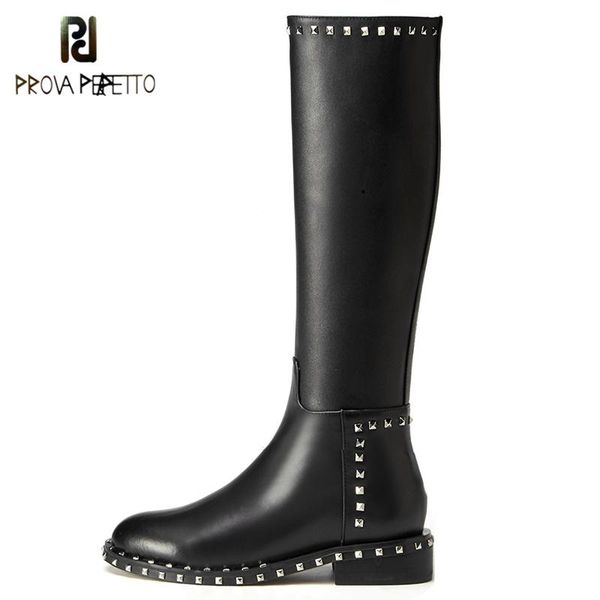 

prova perfetto new rivets long boots for women zipper black zapatos mujer fashion brand design shoes low heels round toe boots