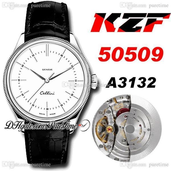 

2021 kzf cellini 50509 cal a3132 automatic mens watch 39mm 904l steel white dial stick markers black leather edition puretime ptrx b02, Slivery;brown