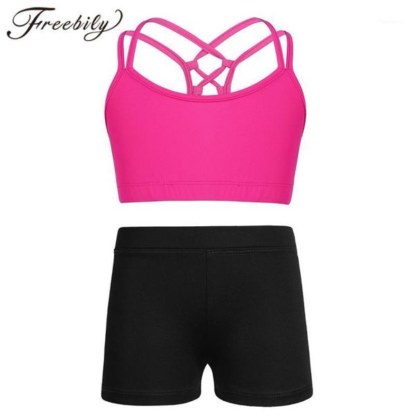 

running sets children sports girls summer clothes spaghetti shoulder straps tank + low rise shorts exercise gym workout kids set1, Black;blue